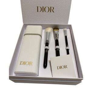 Dior Makeup Brush Set With White Leather Case Gold Logo New